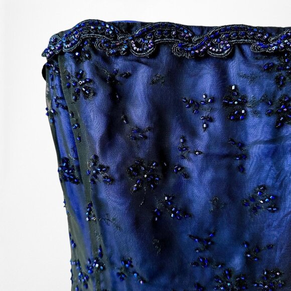 Vintage Blue Black Mesh Velvet Beaded Flared Maxi Prom Dress Size M - Picture 7 of 13